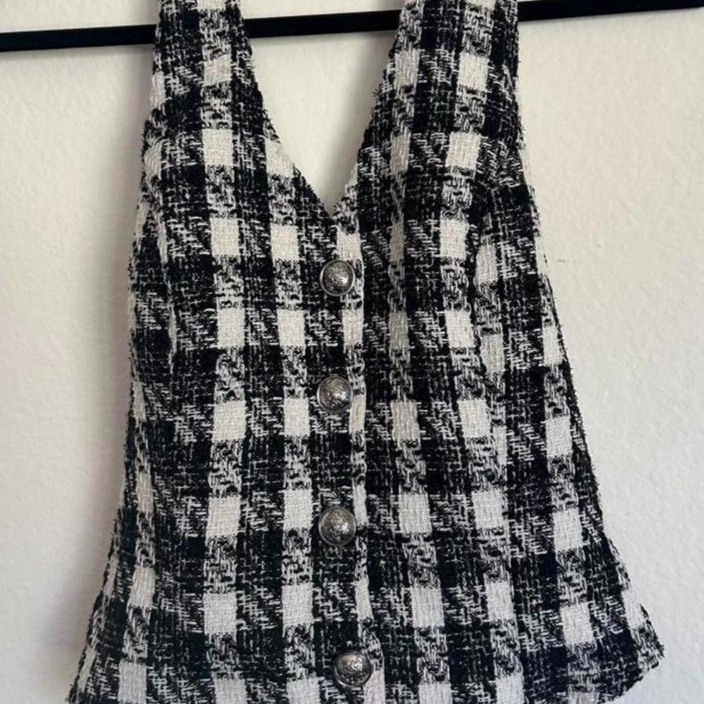 Y2K Tweed Button-up Plaid Halter Vest Open back - Picture 3 of 6